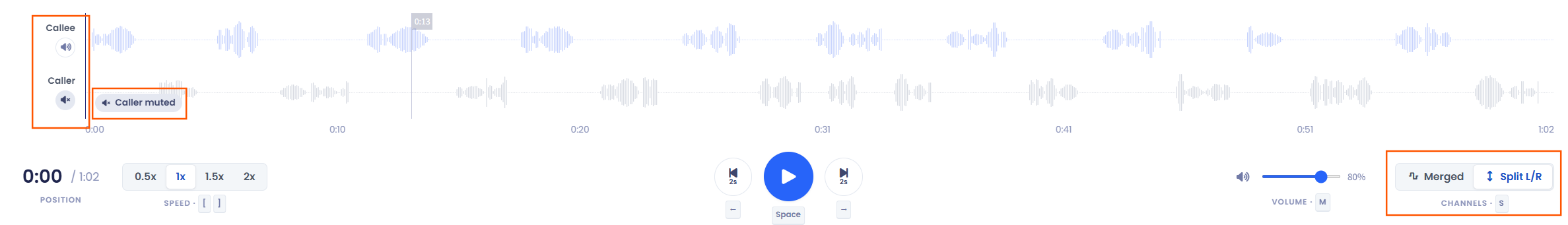 Screenshot of the audio player with separate waveforms for each side