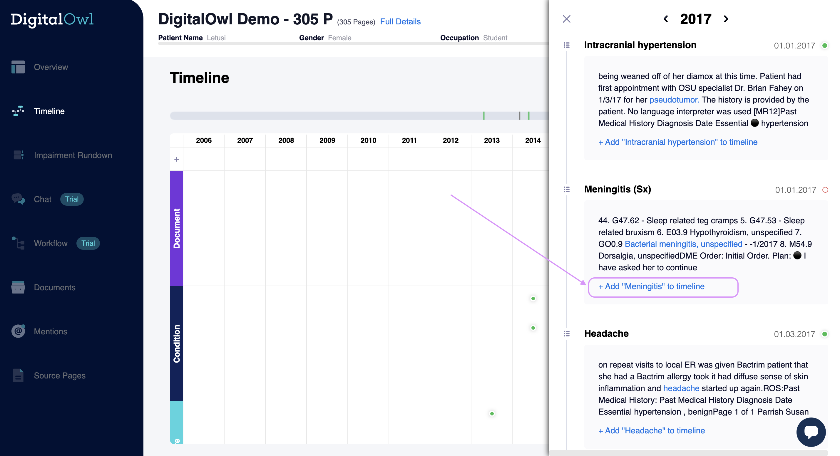 Scroll through the right panel of timeline sections