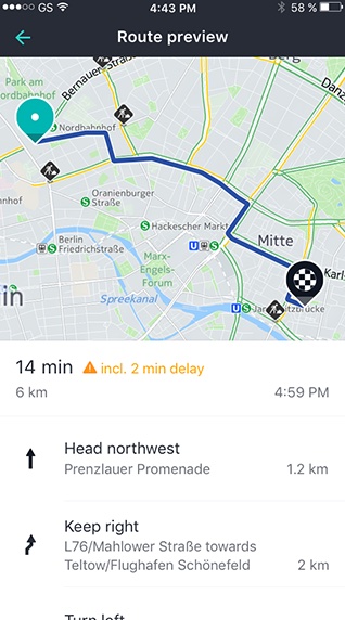 Screenshot: An example screen showing a route preview with maneuver instructions.
