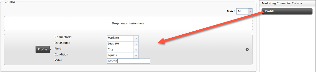 Screenshot of the audience editor where dragging the Profile criteria into the Criteria box for a marketing automation connector