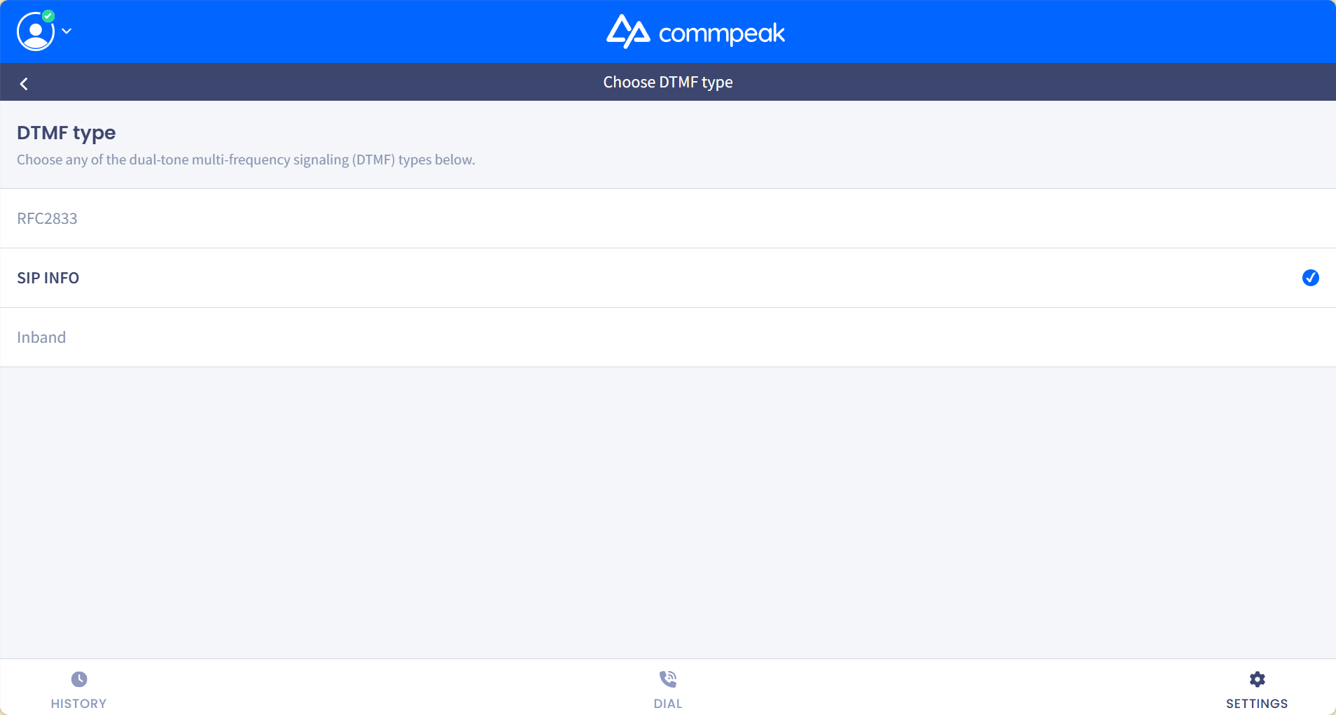 Screenshot of the DTMF type section
