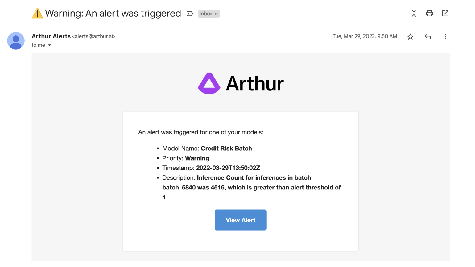 An example of an email alert notification sent by Arthur