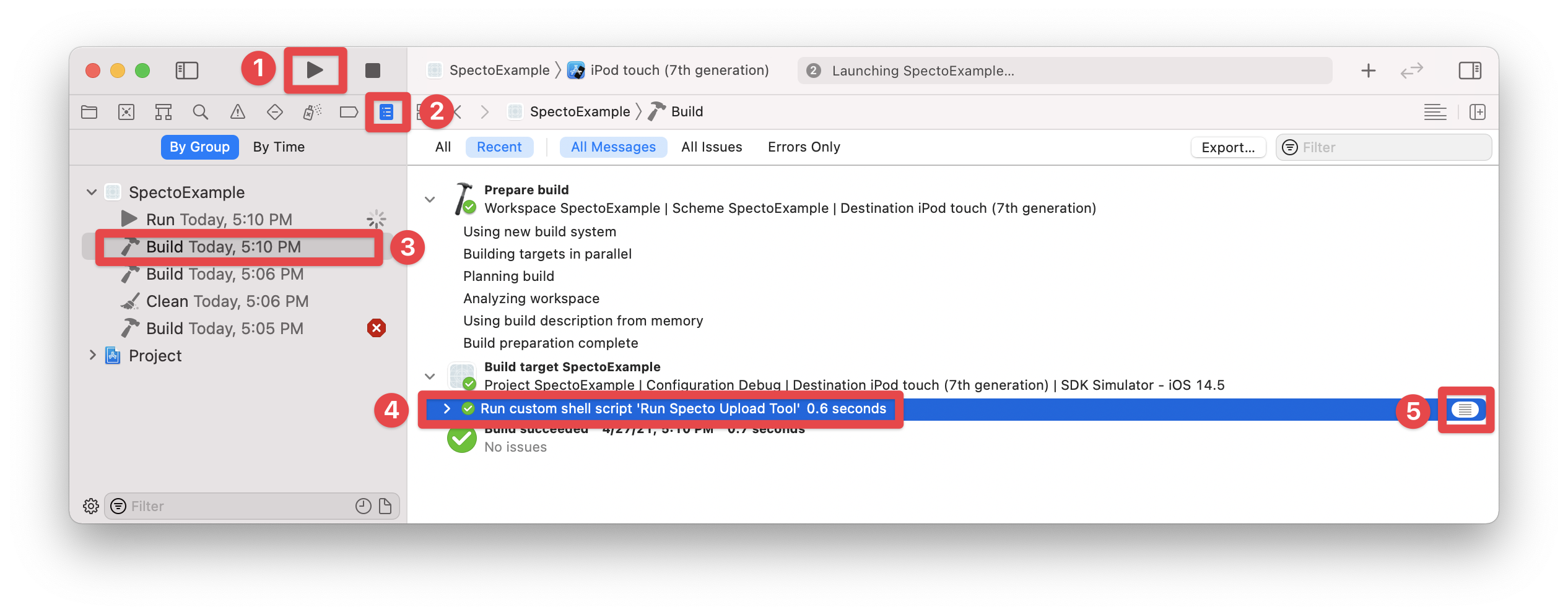 xcode-build-output.png Building & running the app in Xcode, and viewing the build results (steps 1-5)
