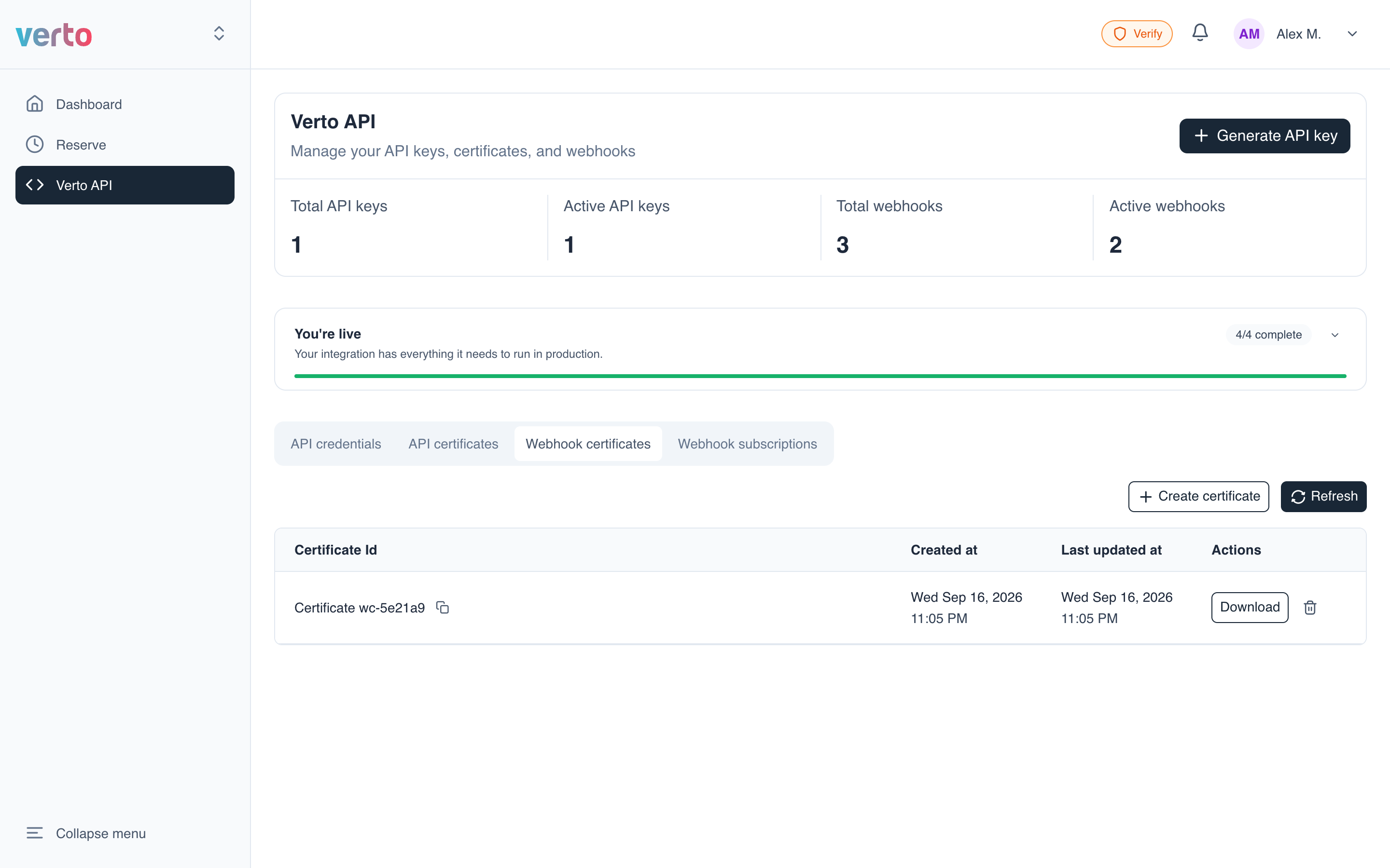 Webhook certificates table