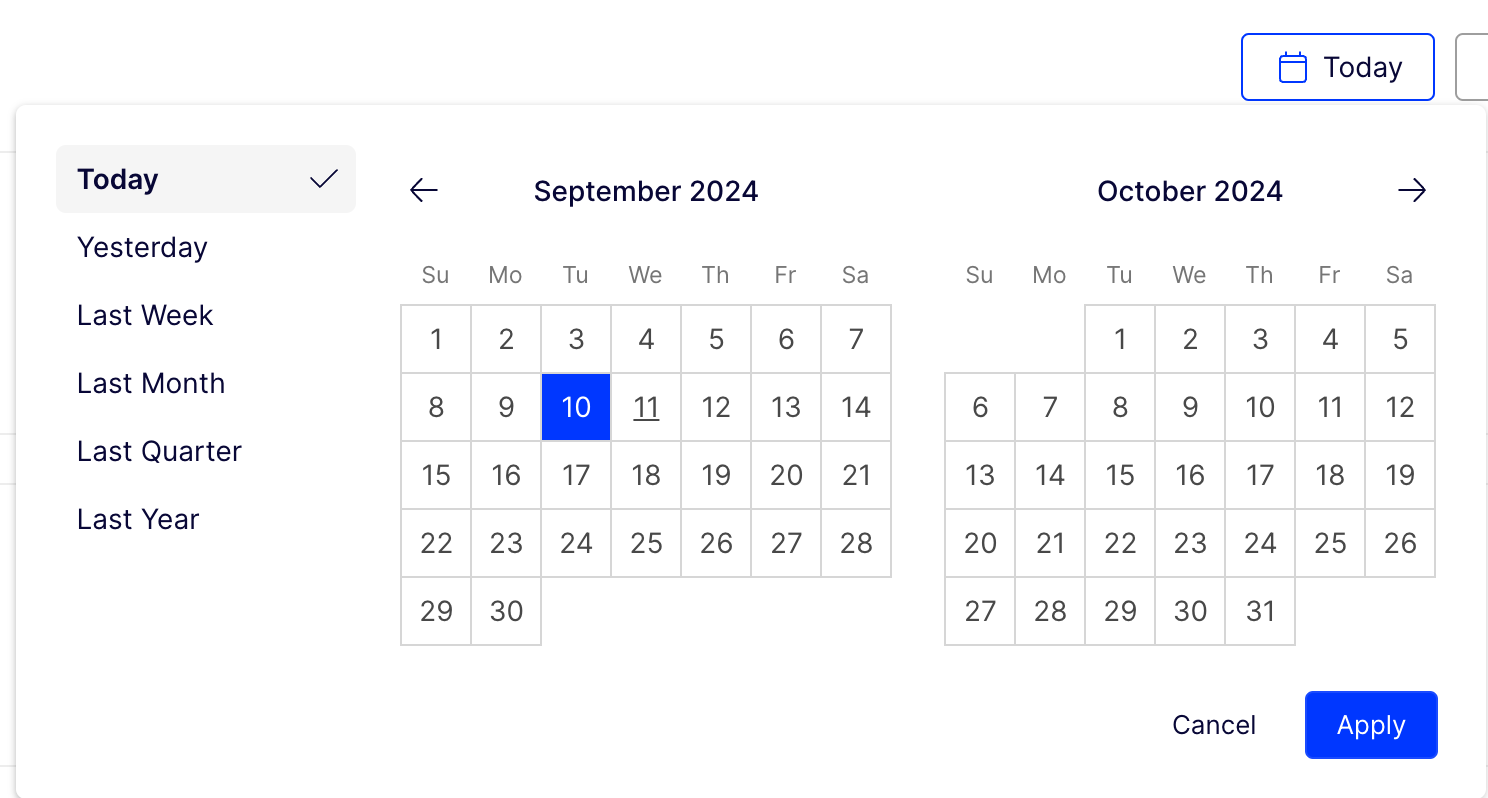 Screenshot of the Date Picker where the reporting time period is selected.