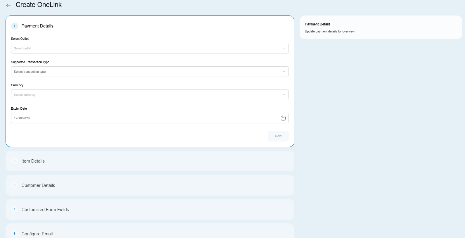 Create OneLink screen in the Merchant Portal