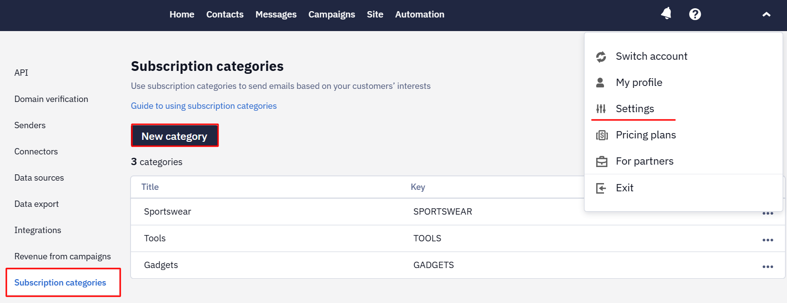 Subscription categories