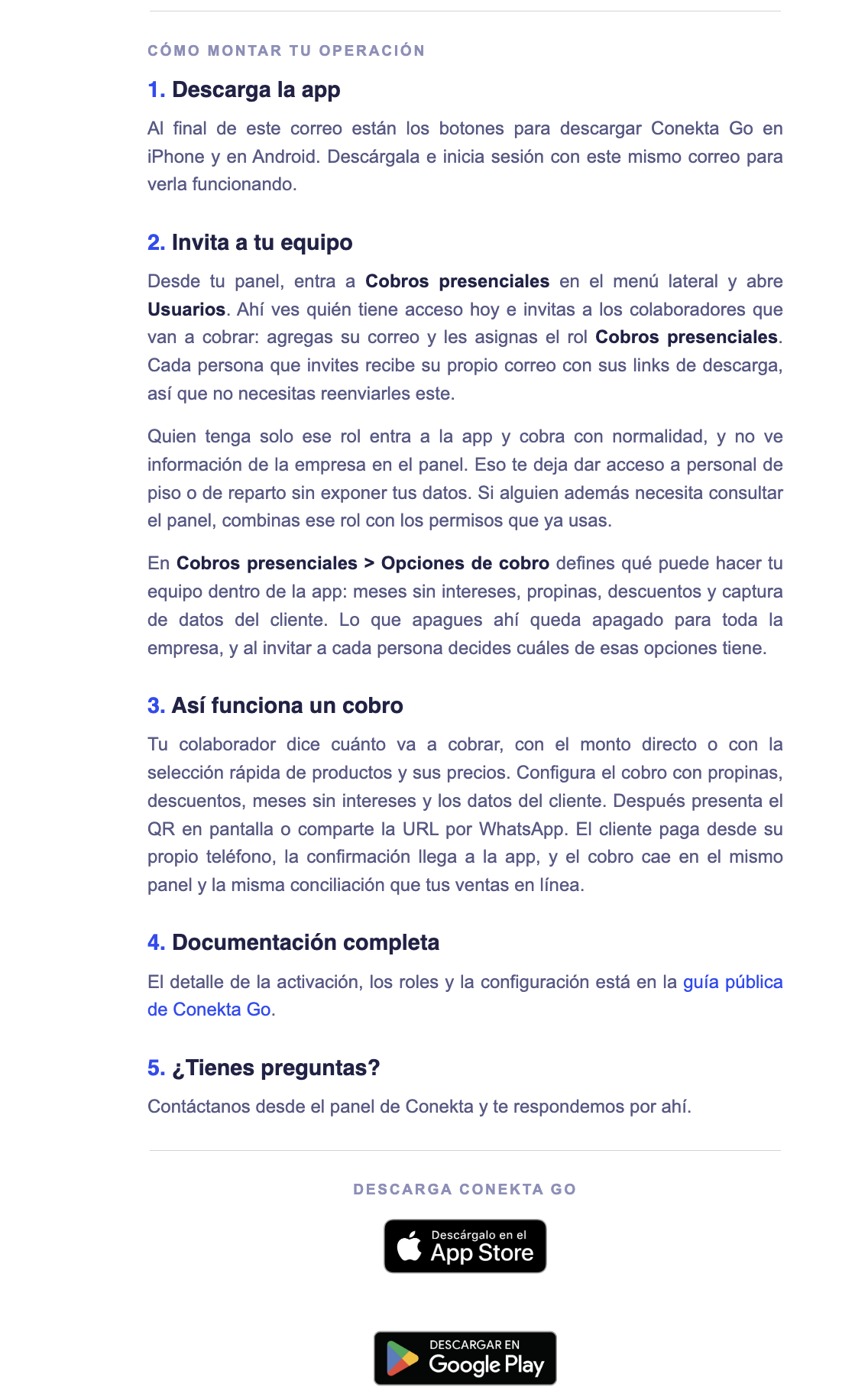 Correo de Conekta Go: así funciona un cobro y botones de descarga