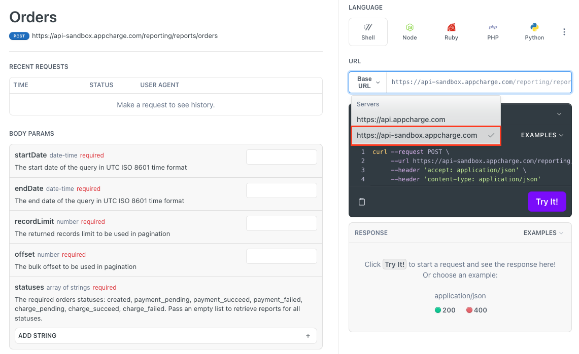 Changing the environment to sandbox in an example endpoint