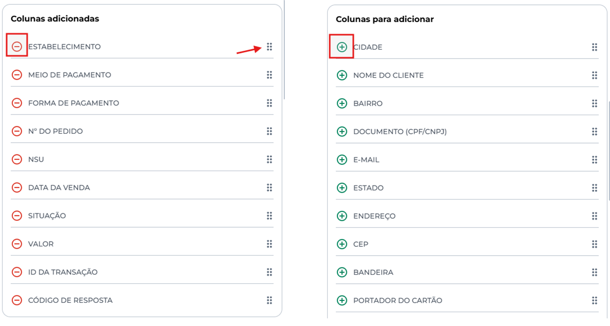 Painel de personalização exibindo colunas já adicionadas à esquerda e colunas disponíveis para adicionar à direita, cada uma com ícones para remover, adicionar e reorganizar.