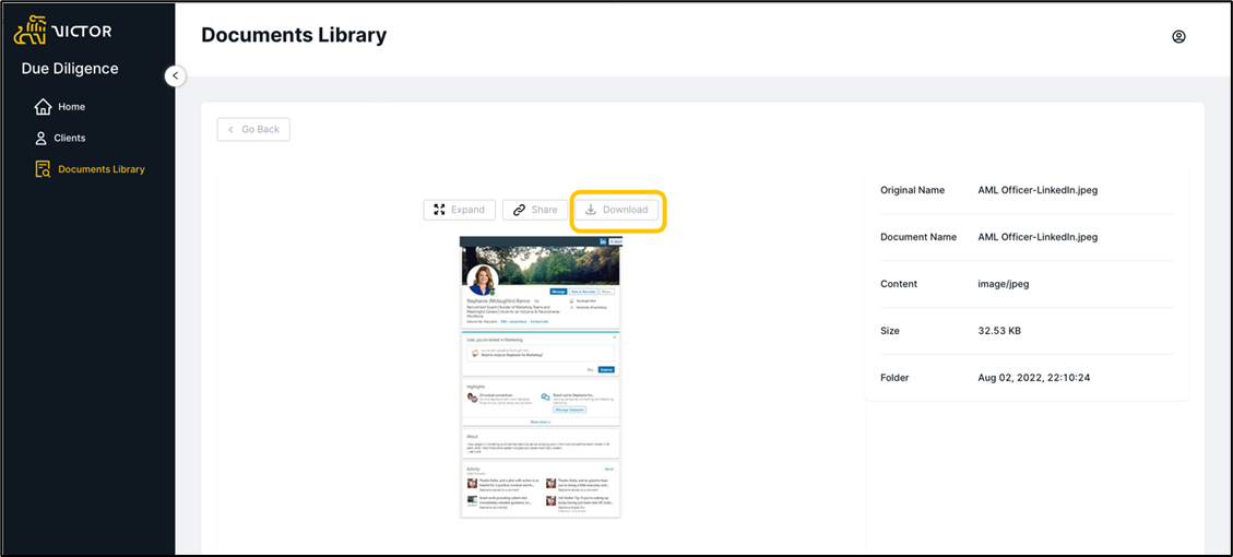 Figure 10. Document Preview and Ability to Download as seen as a Client Viewer role