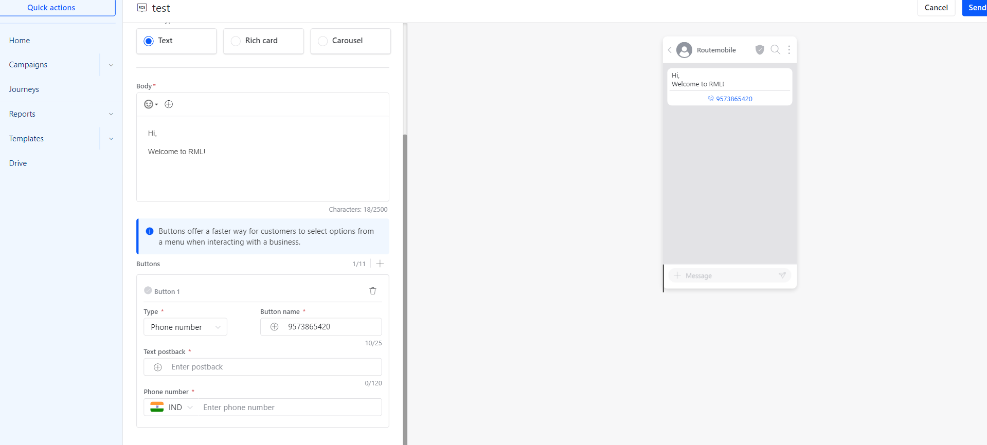RCS text template body and buttons