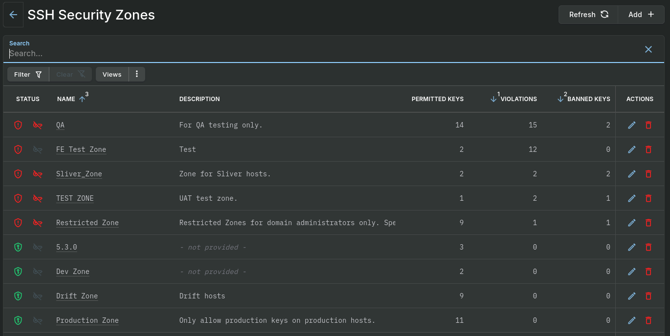 A screenshot of the zone list in the Security Zones