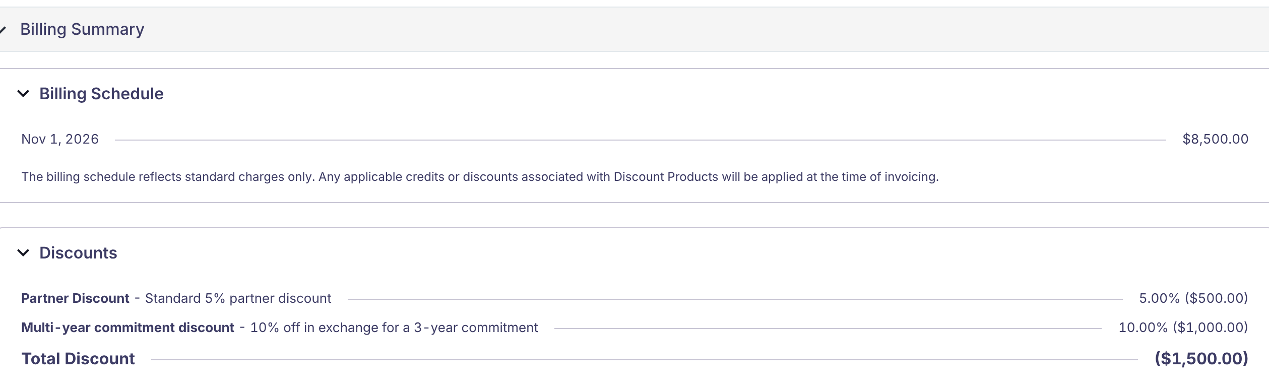 The Billing Summary section showing the Billing Schedule ($8,500.00 with a note that Discount Product credits are applied at invoicing) and the Discounts section listing Partner Discount 5.00% ($500.00) and Multi-year commitment discount 10.00% ($1,000.00) with a Total Discount of ($1,500.00).