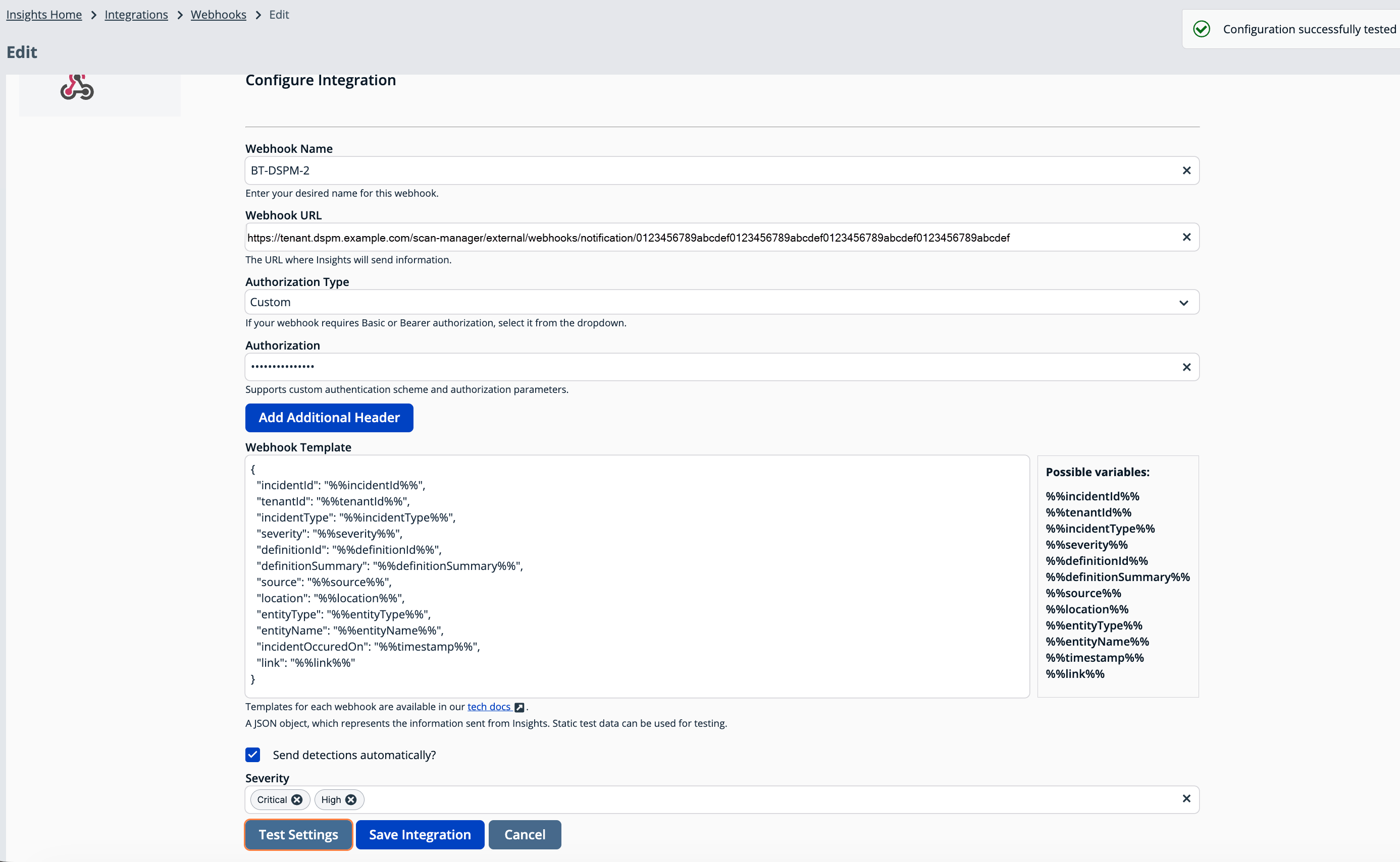Insights webhook form with the Configuration successfully tested banner in the upper-right corner
