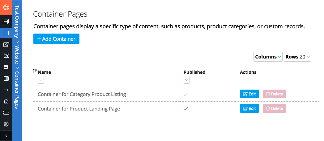 The **Container Pages** listing may be accessed by navigating to [Website > Container Pages](https://my.liftoff.shop/container-pages) from within My Liftoff