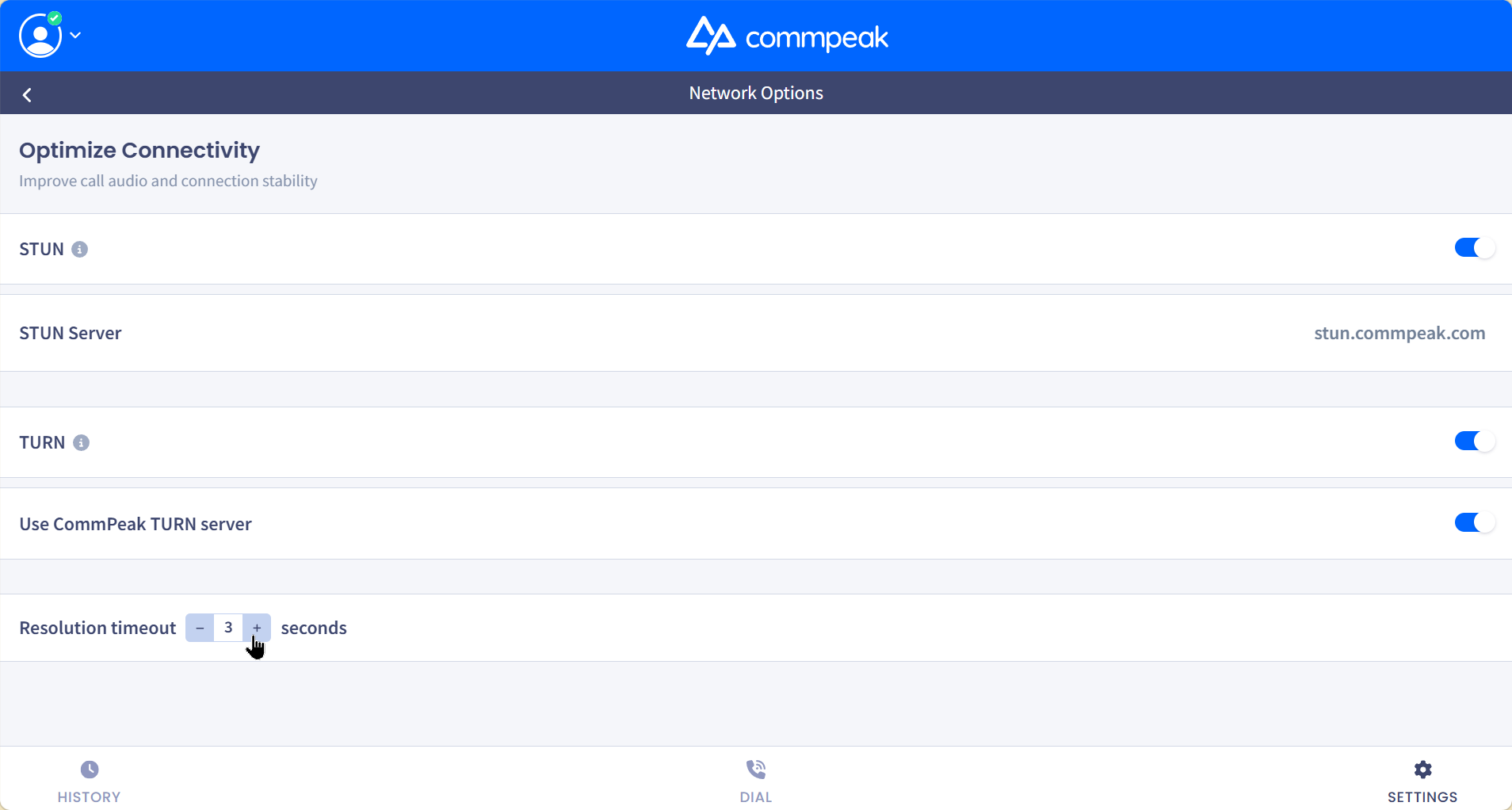 Enabling TURN protocol settings using CommPeak TURN server