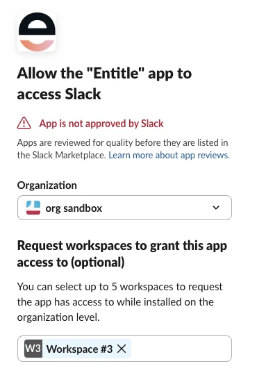 Slack consent page for an organization-wide installation, with a workspace selected in the Request workspaces field