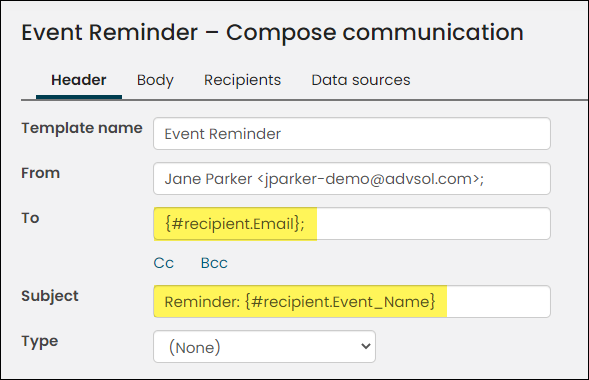 The Header tab of an event reminder email template where the To field contains #recipient.Email; and the Subject field contains Reminder: #recipient.Event_Name.