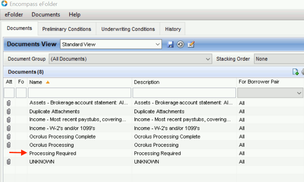 The document containers available in an Encompass instance. The required "Processing Required" eFolder is highlighted with a red arrow, denoting its importance.
