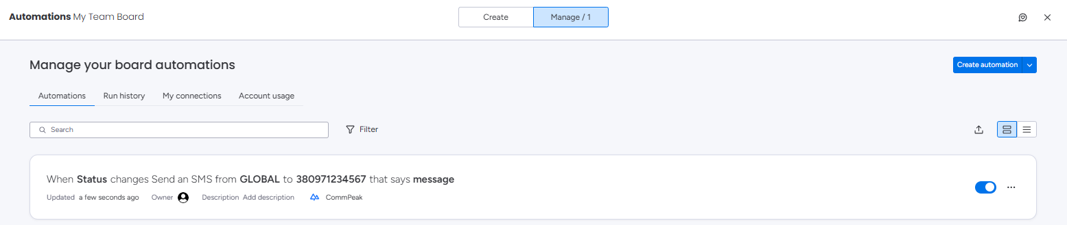 Screenshot of the board Automations tab