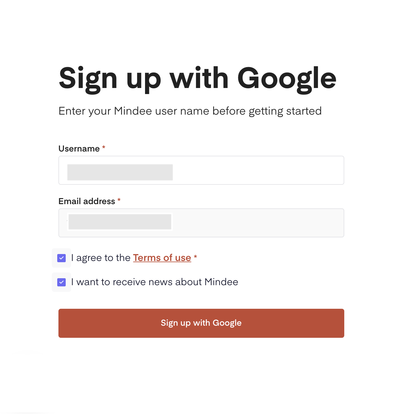 Sign up with google page with the desired field to fill to create an account