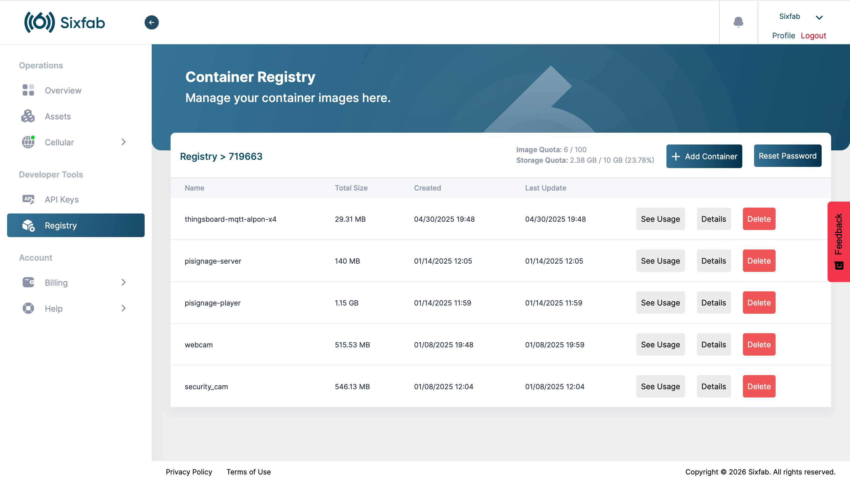 Sixfab Container Registry overview page showing repositories, image quota, and storage quota