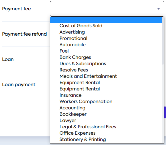 A dropdown list displaying nominal accounts that can be used to map **Payment fee** (click to expand).