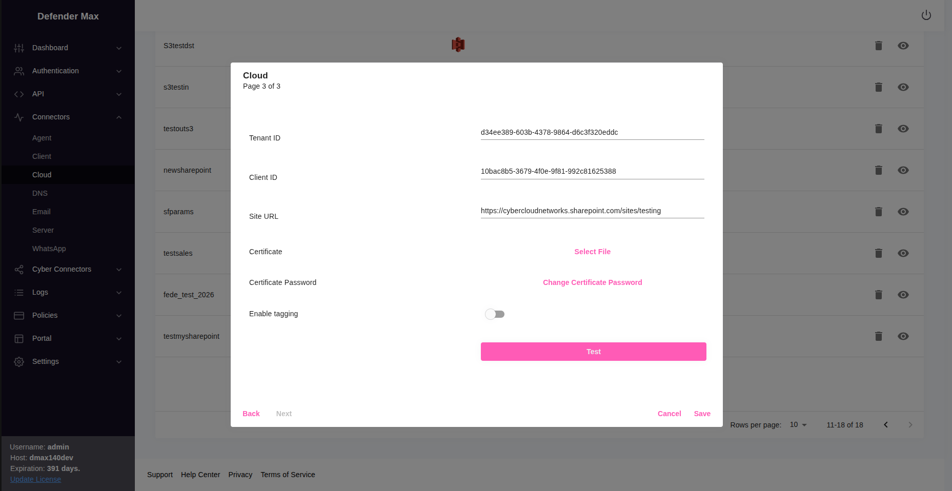 SharePoint connector settings with tenant ID, client ID, site URL, and certificate fields
