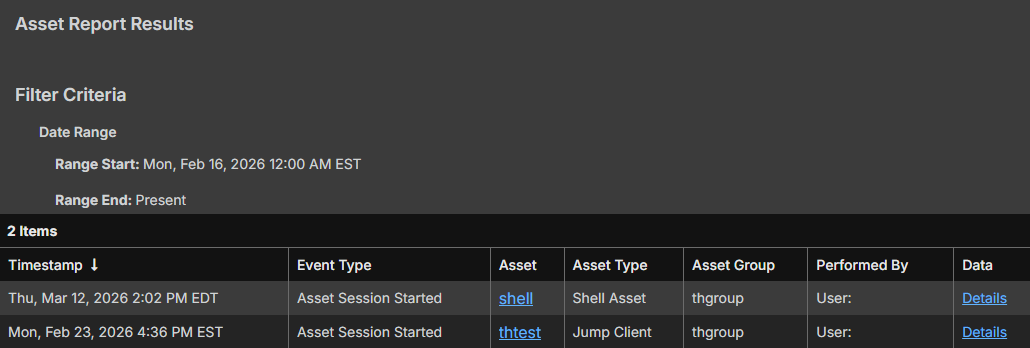 An image of an Asset Report Results interface filtered by the Asset Group "Web servers." The table displays three entries with columns for Timestamp, Event Type, Asset, Asset Type, Asset Group, Performed By, and Data. Events include deletion, authorization expiration, and authorization request for the "office web server" Jump Client, all performed by the system or a user. Additional data includes request IDs and durations.