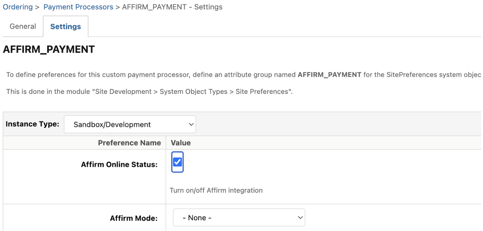 screenshot of the Affirm Online Status checkbox