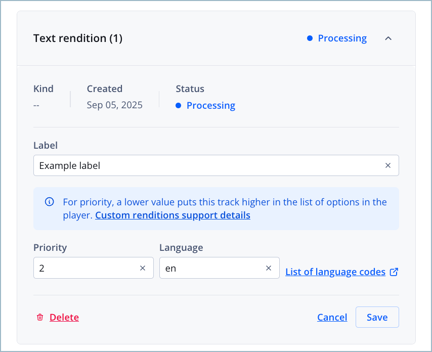 Text rendition settings