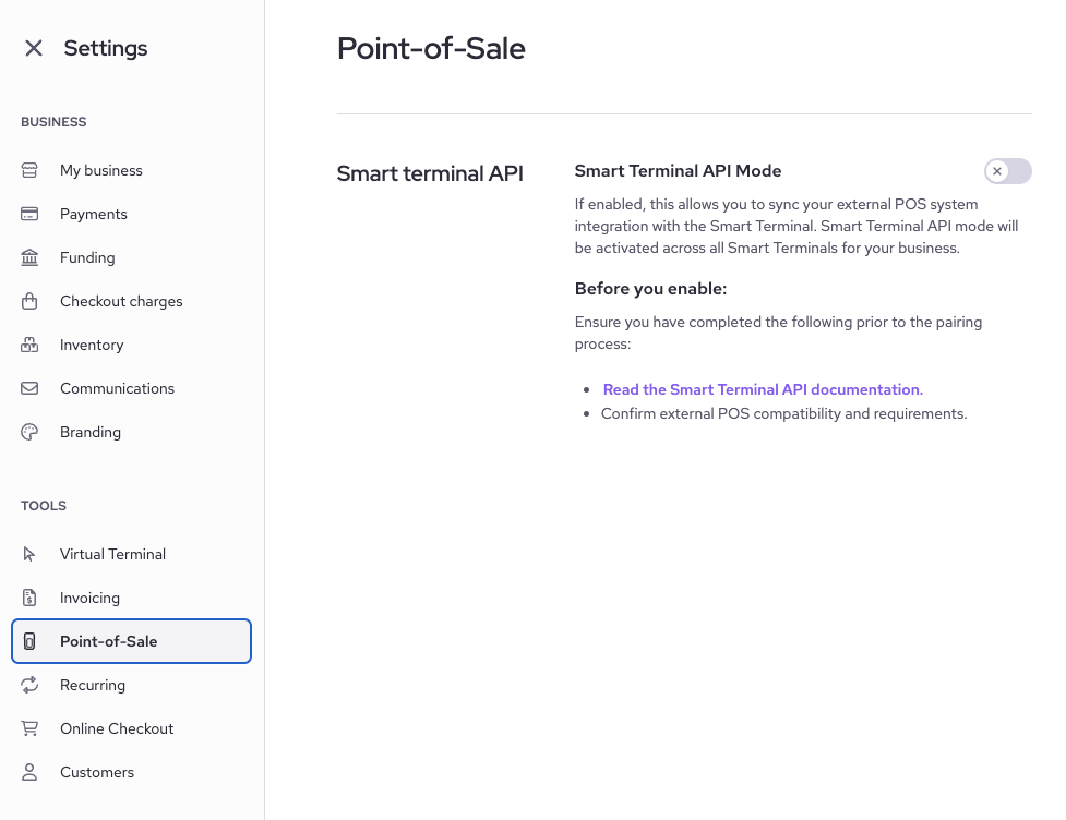 Screenshot of the Helcim payment hardware settings to enable API mode for compatible devices.