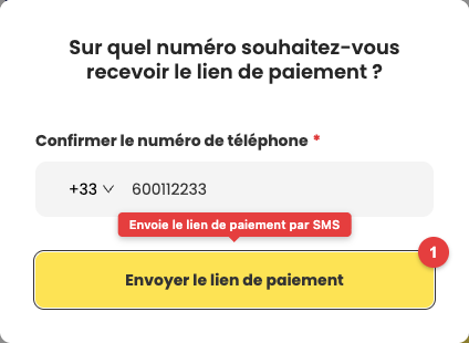 Fenêtre de confirmation du numéro de téléphone avant l'envoi du lien de paiement par SMS