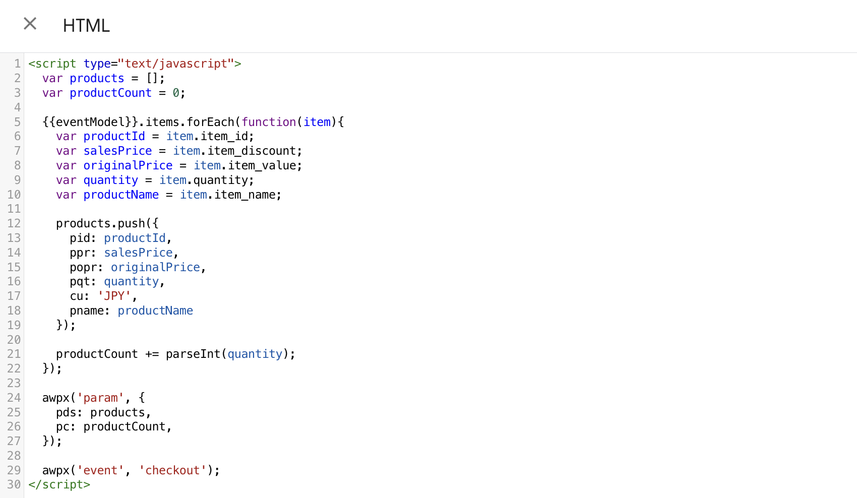 a sample implementation of checkout as a custom HTML on GTM