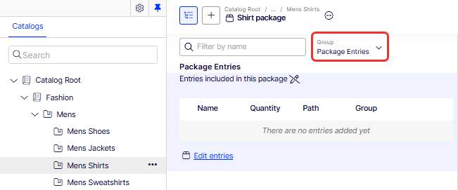Screenshot of the Package Entries group selected in the editor showing package properties.