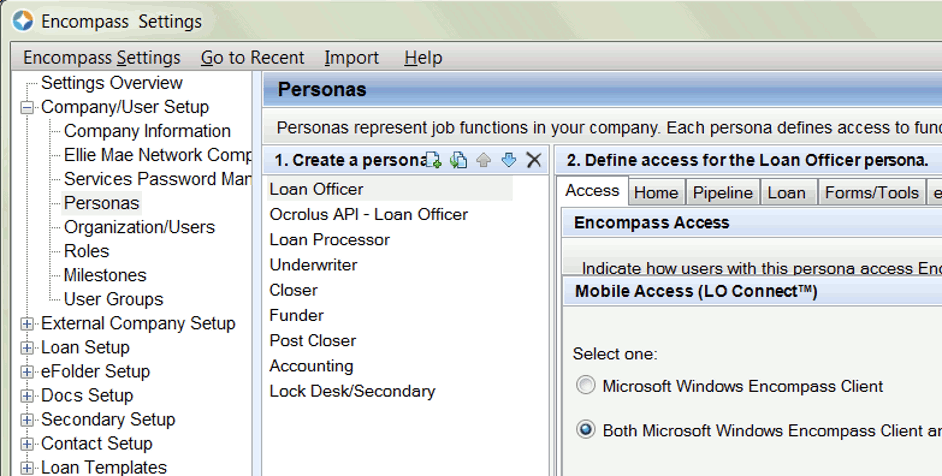 The Personas menu in the Encompass Settings window. A persona named "Loan Officer" is highlighted, after having just been copied into a persona named "Ocrolus API - Loan Officer".