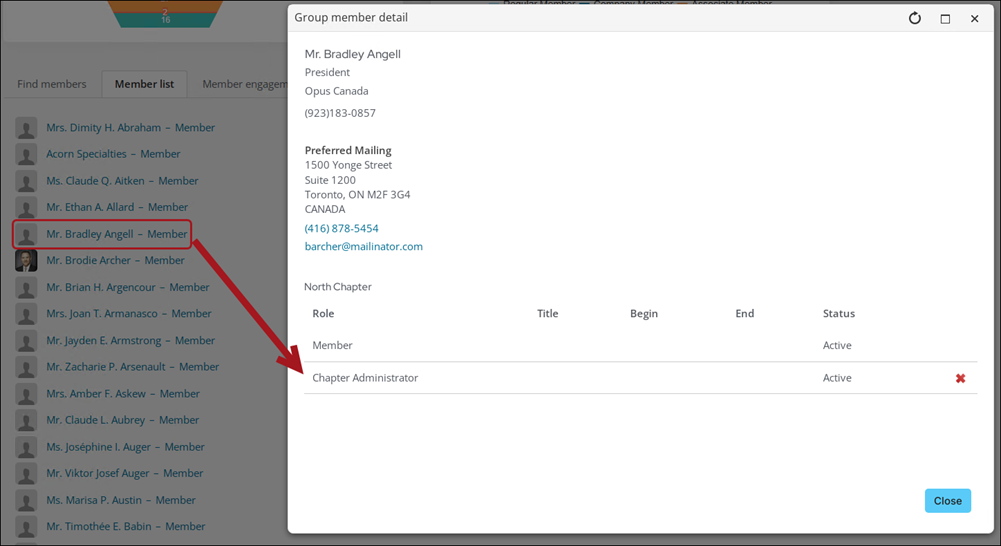 Selecting the member's role to open the group member detail