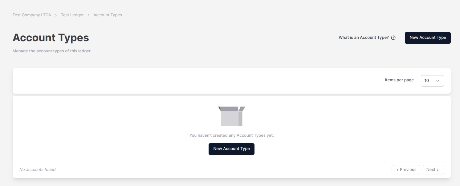 Figure 2. The Account Types page with no records dislayed.