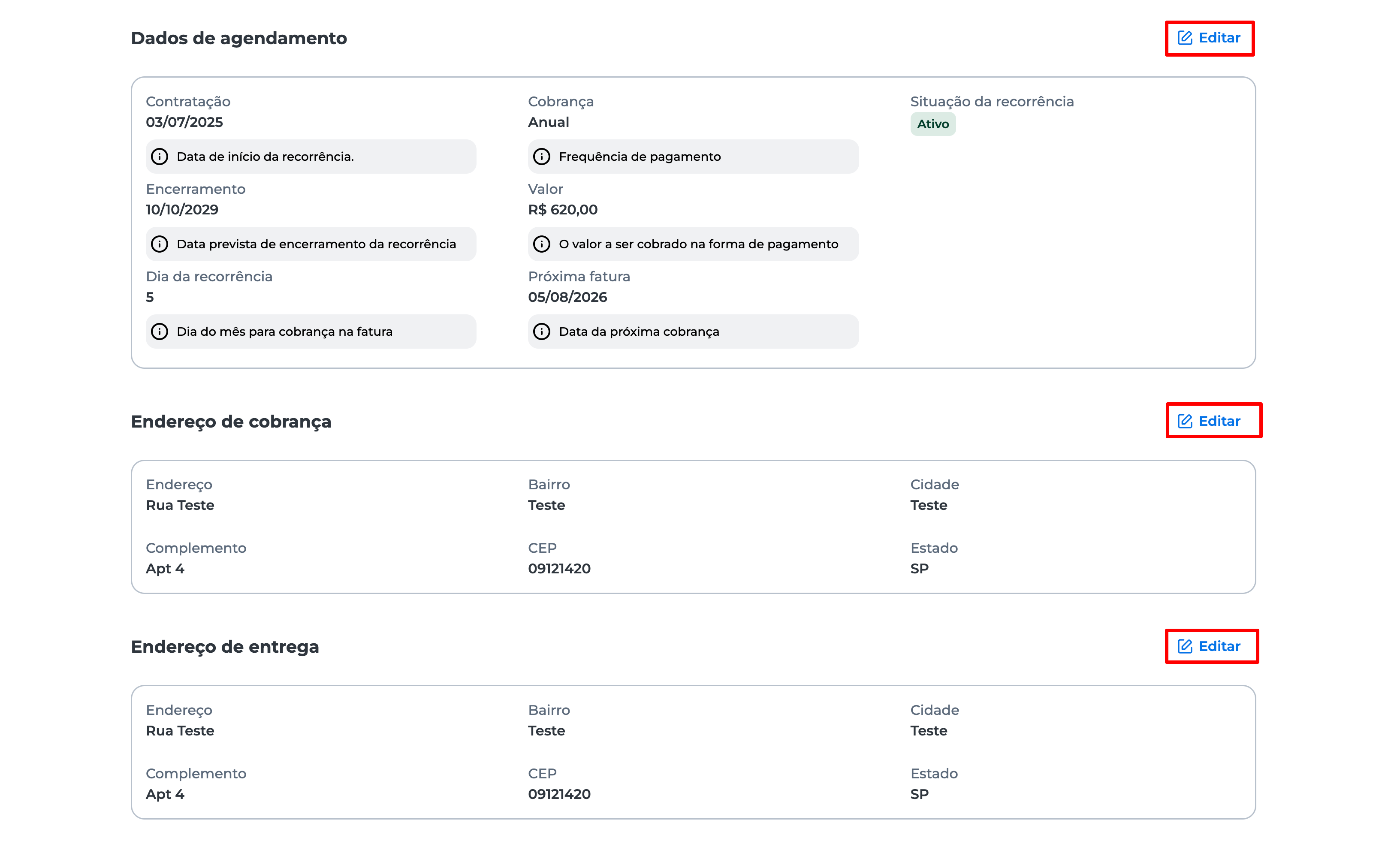 Tela de edição de recorrência no Portal E-commerce da Cielo, exibindo campos para alterar dados de agendamento, endereço de cobrança e endereço de entrega, com botão "Salvar" destacado.