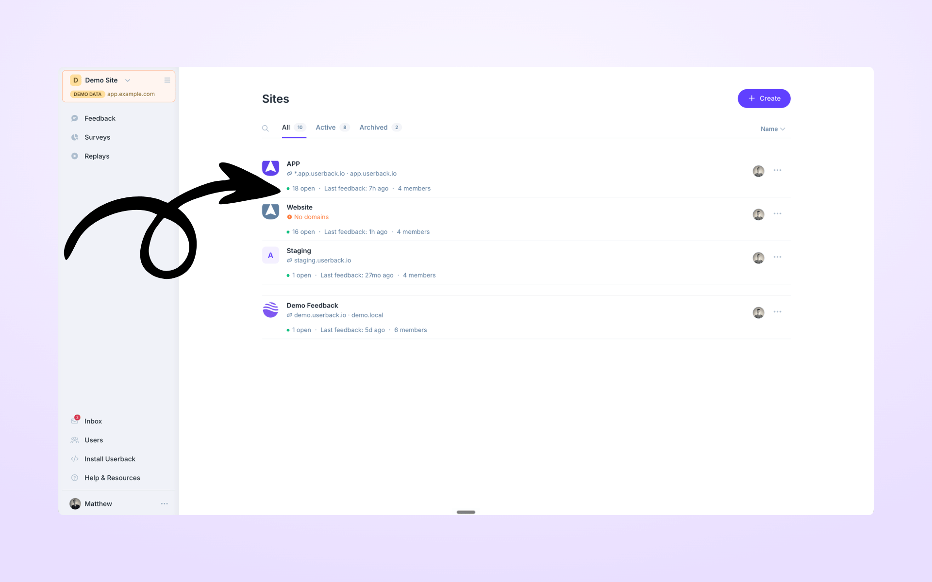 Sites List - Userback