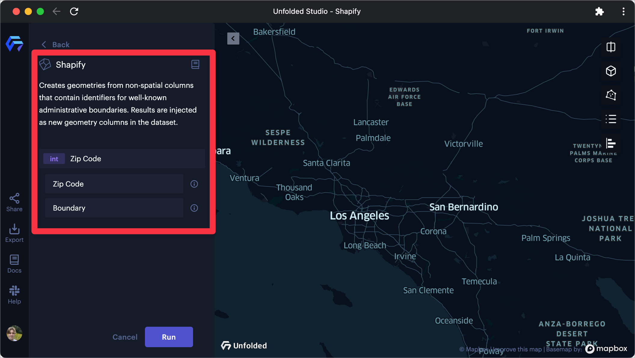 Manually applying Shapify to a map with a ZIP code column.