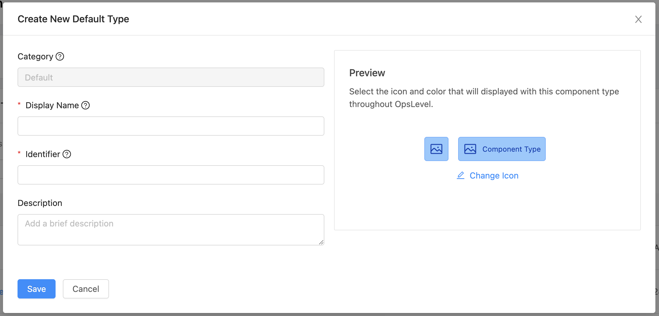 Create New Component Type page with empty fields.