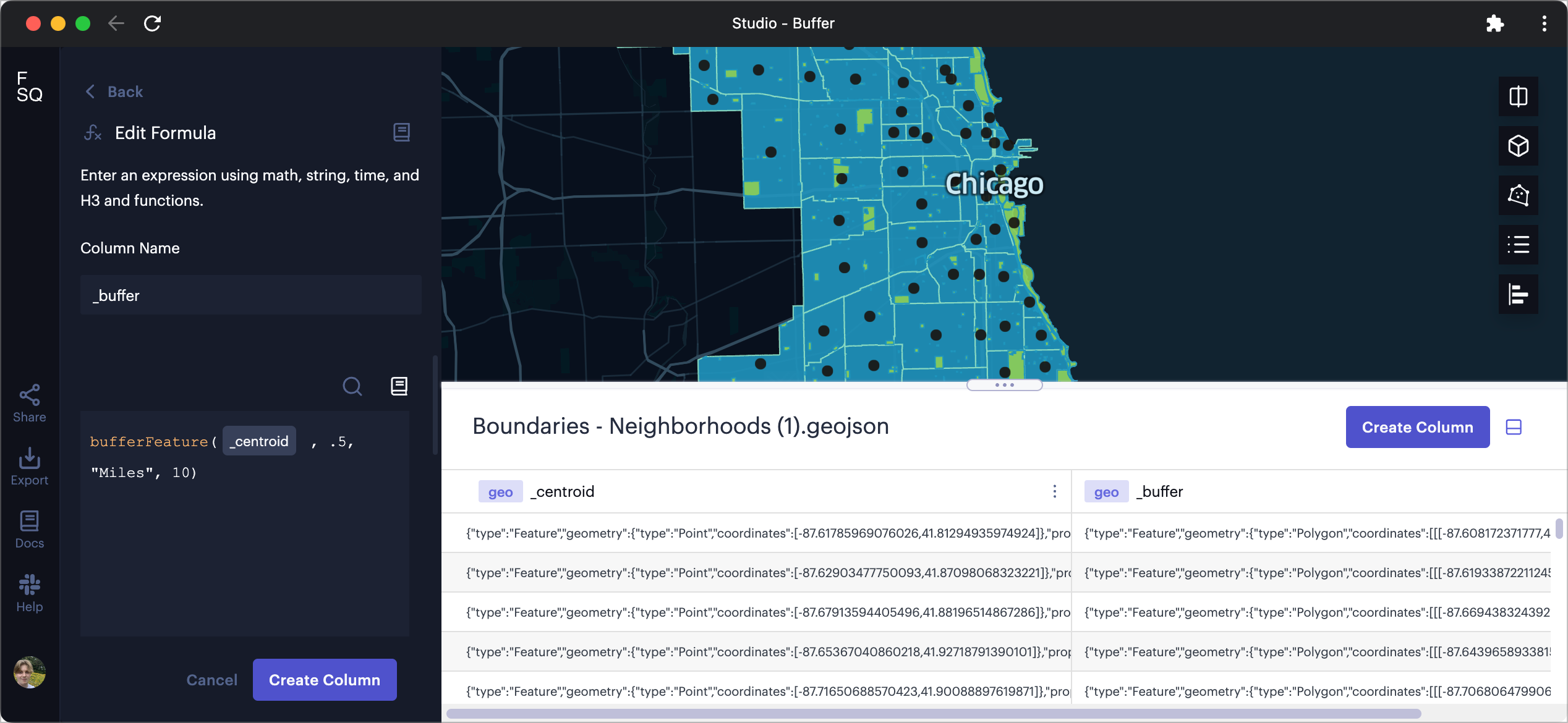 Creating a buffer surrounding neighborhood centroids.