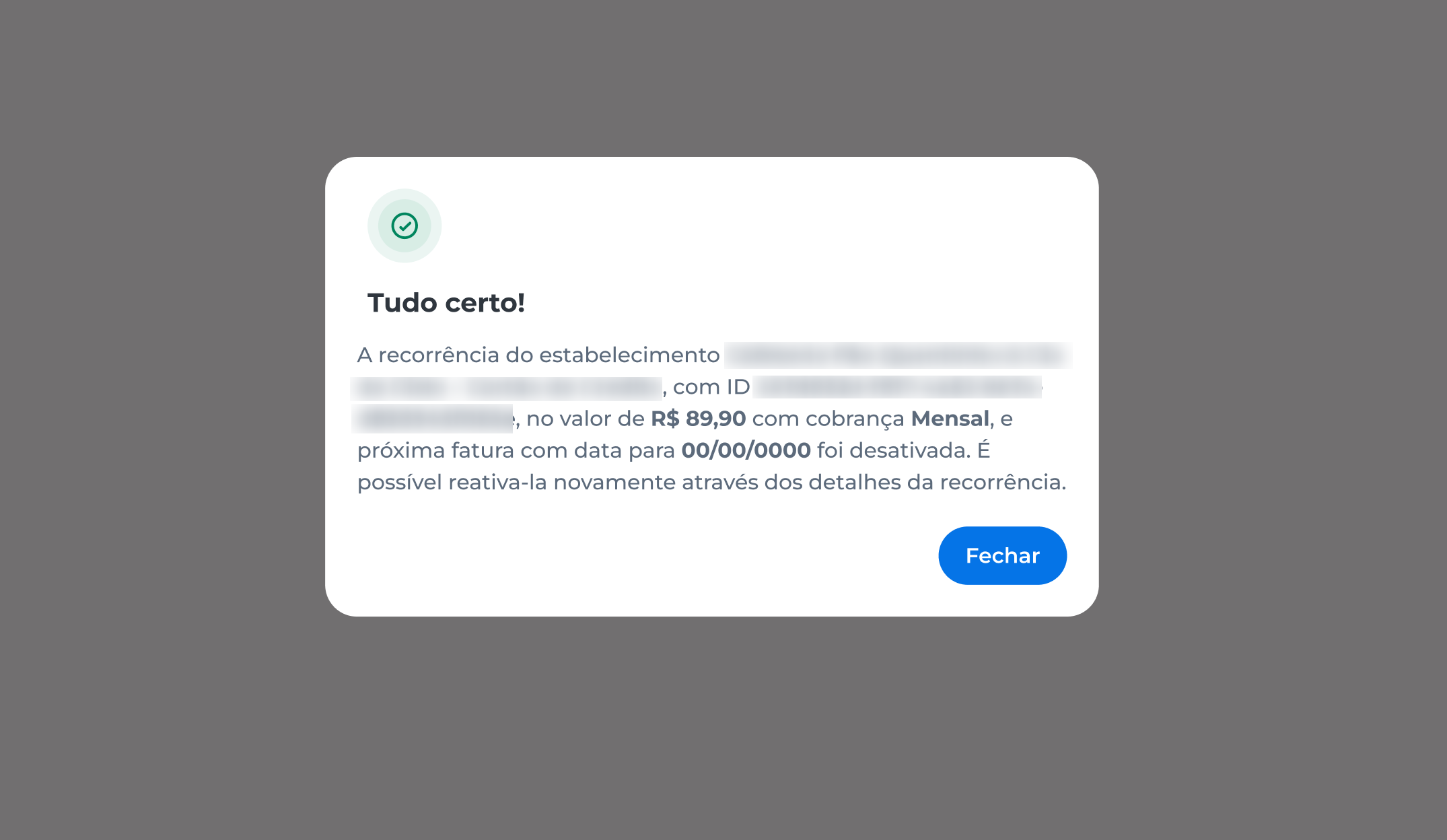 Tela de confirmação no Portal E-commerce da Cielo com mensagem de sucesso indicando que a recorrência foi desativada corretamente.