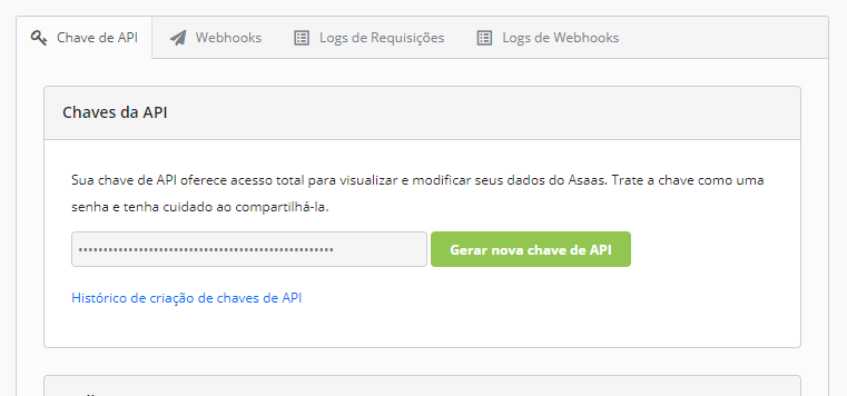 Imagem mostrando onde é possível gerar a chave de API no Asaas
