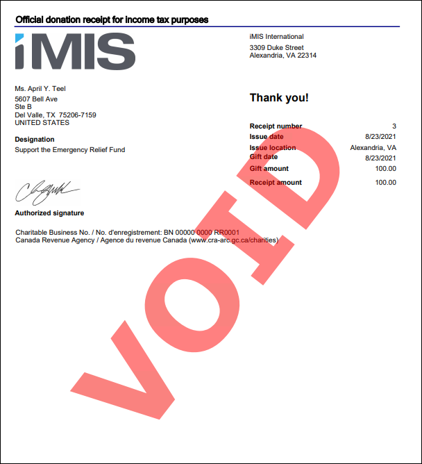 Donation receipt that is voided