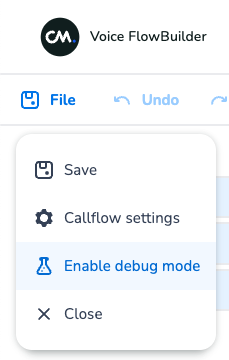 Location of the button to enable debug mode in the callflow editor.