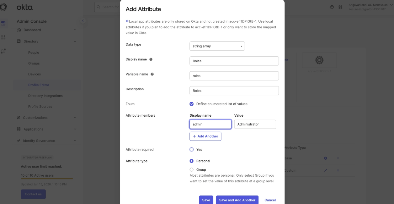 Okta application profile Attributes list showing the newly added RoleName attribute