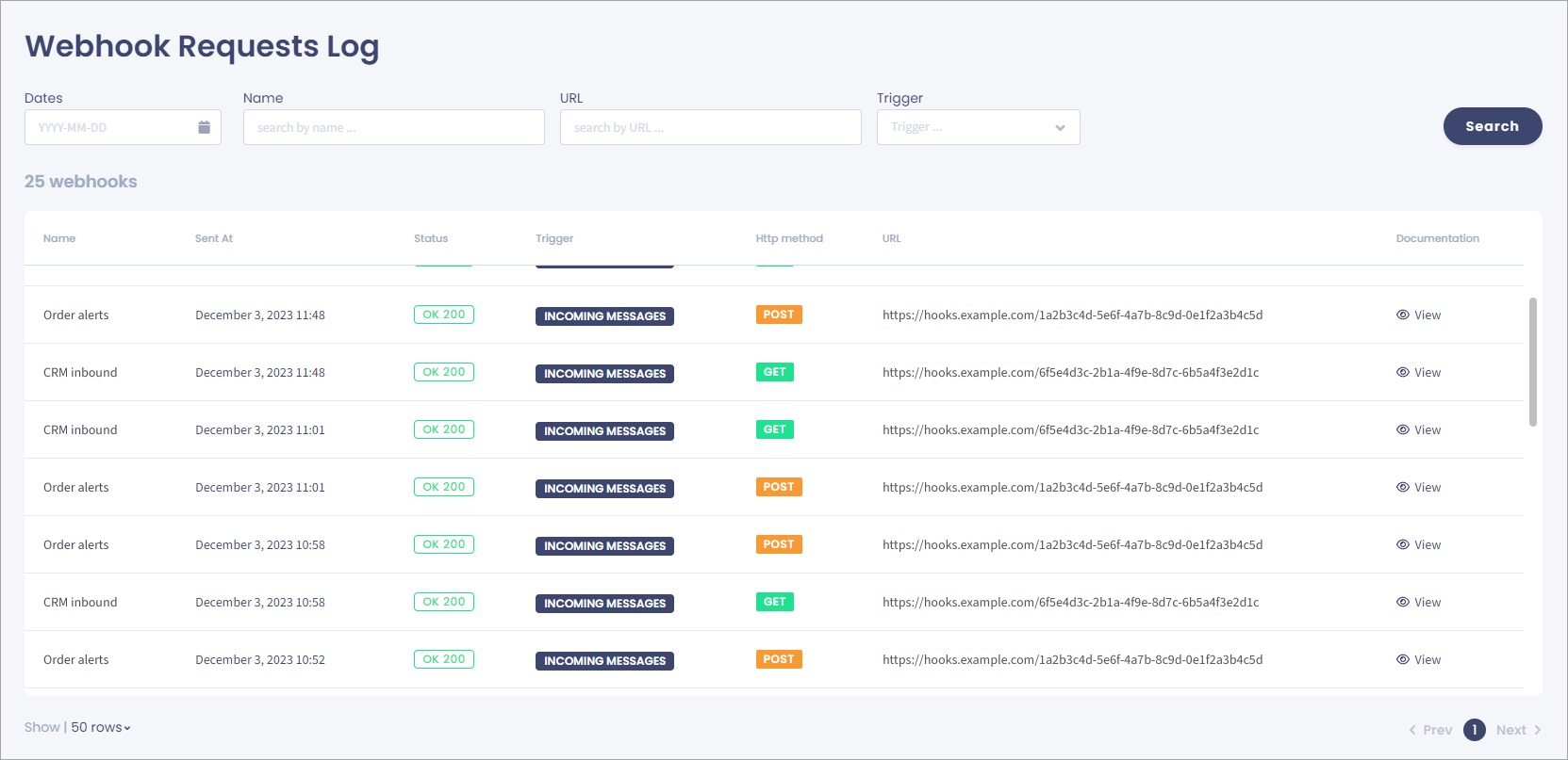 Screenshot of the Webhook Requests Log table with the 'Name,' 'Sent At,' 'Satus,' 'Trigger,' 'Http method,' 'URL, 'Documentation' columns. Also, the options of sorting the logs by dates, names, URLs, or trigger are displayed.
